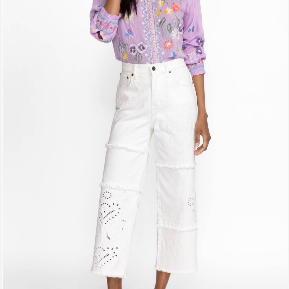 Johnny Was Sevilla Cropped‎ Wide Leg Jean White Cotton Blend Denim Size 26